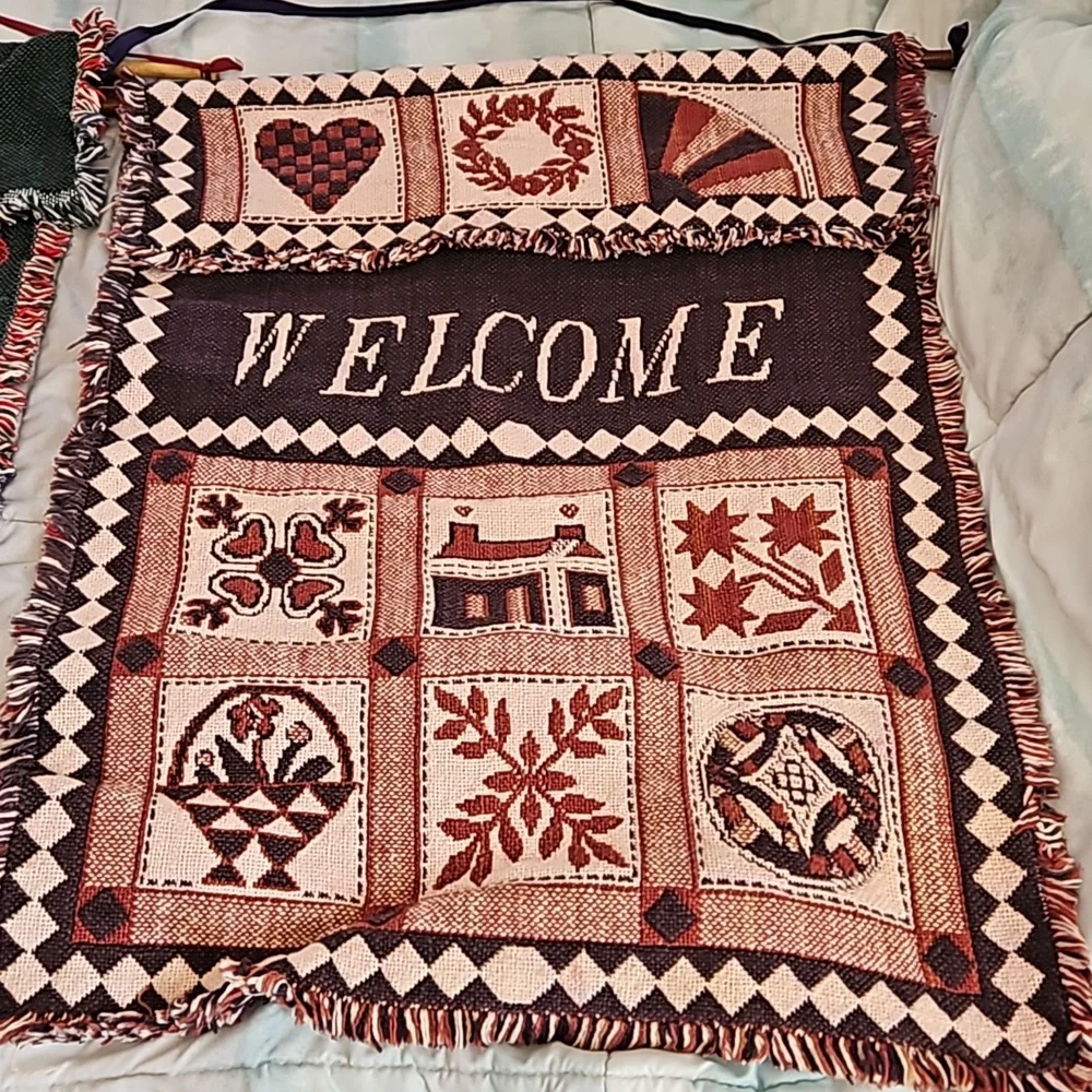 Vintage 90's Apples and Welcome Knit Tapestry Wall Hangings